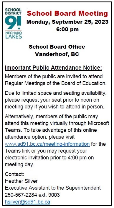 School Board Meeting Announcement September 25 2023