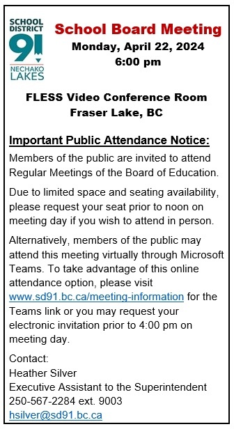 School Board Meeting Announcement April 22 2024